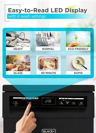 BLACK+DECKER 18-Inch Portable Dishwasher, Energy Star, BPD8B, Black | 8-Place Setting Capacity, Mobile Dish Washer with 6 Wash Programs, LED Display, Stainless Steel Tub