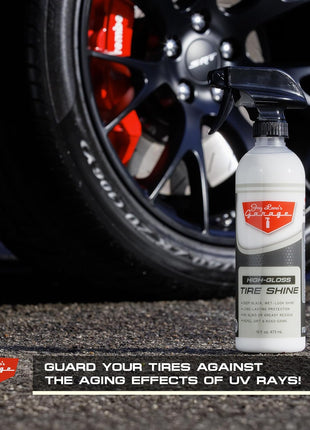 Jay Leno's Garage Tire Shine Delivers long-lasting High Gloss with a Deep Black Wet Look Glow. This Tire Dressing Spray and Car Tire Shine Work as Auto Detailing Care for Wheels and Tires – 16 oz.