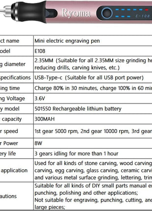 Rechargeable cordless Electric Micro Engraver Pen Mini DIY Engraving Tool Kit for Metal Glass Ceramic Plastic Wood Jewelry with 30 Bits and 16 Stencils and 1 Scriber Pen