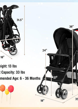 Baby Joy Lightweight Stroller, Compact Toddler Travel Stroller for Airplane, Infant Stroller w/Adjustable Backrest/Footrest/Canopy, 5-Point Harness, Storage Basket, Easy One-Hand Fold, Coffee