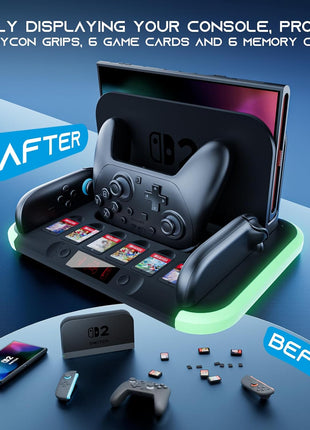 HEYSTOP Switch 2 Charging Dock Heat Dissipation Station, Pro Controller Charger for Nintendo Switch 2 Pro Controller and Joy Cons,with RGB,Game Card Slot*6,Cooling Fan,Fast-Magnetic Charge Storage