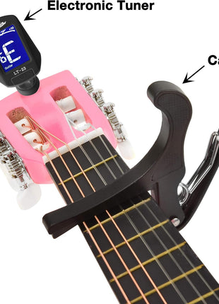 MasterPlay Kids Guitar, 30" Beginner Classical Wood Guitar For Learners, With starter kit, Bag, Strap, Tuner, Pick, Extra String, Cleaning cloth, Christmas, Birthday Gift for Girls Ages 5-12, Pink