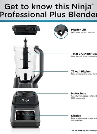 Ninja Professional Plus Blender, Auto-iQ, 1400W, 72oz Pitcher, BN701 | 1400 peak-watt motor, 3 Auto-iQ presets for smoothies, frozen drinks & ice cream. Total Crushing blades. Dishwasher safe.