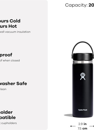 Hydro Flask Water Bottle - Insulated Stainless Steel - Wide Mouth Flex Lid, Non Spill, Leakproof and Refillable in 20 Oz