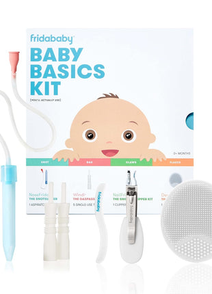 Frida Baby Basics Kit, 6pc Baby Essentials Kit Includes Nasal Aspirator Snotsucker, NailFrida Nail Files, Windi Gas Relief, DermaFrida Bath Brush + Silicone Carry Case