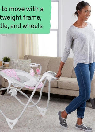 Ingenuity SimpleComfort Lightweight Compact 6-Speed Multi-Direction Baby Swing, Vibrations & Nature Sounds, 0-9 Months 6-20 lbs (Pink Cassidy) | Compact & Portable, Hands Free Soothing for Fussy Babies, Vibrations & USB Power for Newborns, 6-20 lbs