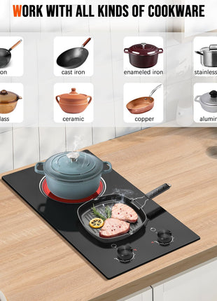 2 Burner Electric Cooktop 110V, 12 Inch Electric Cook Top Plug in, 2000W Electrics Stove with Knob Control, Countertop & Built-in Ceramic Stovetop, 9 Heating Level, Residual Heat Indicator