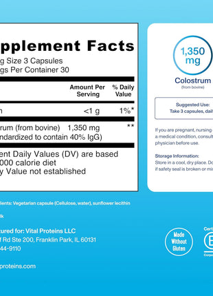 Vital Proteins Collagen Peptides Powder Unflavored 19.3OZ and Bovine Colostrum Supplement 90 Capsules