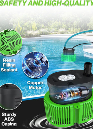 Pool Cover Pump above Ground - Submersible Water Sump Pump Swimming Water Removal Pumps, with Drainage Hose & 25 Feet Extra Long Power Cord, 850 GPH inGround, 3 Adapters