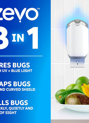 Zevo Flying Insect Trap & 3 Refill Cartridges   Plug in Fly Trap & Indoor Bug Catcher for Gnats, House & Fruit Flies   Blue & UV Light Technology, Mess Free Alternative to Bug Zapper