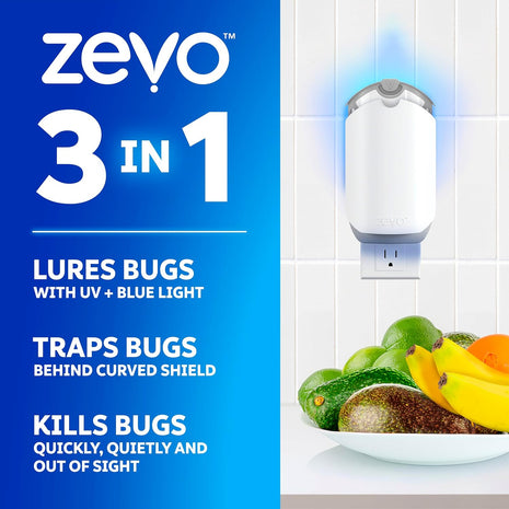 Zevo Flying Insect Trap & 3 Refill Cartridges   Plug in Fly Trap & Indoor Bug Catcher for Gnats, House & Fruit Flies   Blue & UV Light Technology, Mess Free Alternative to Bug Zapper