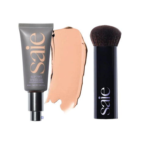 Saie Glow & Blend Duo - Slip Tint Tinted Moisturizer SPF 35 Shade Three + Half (1.35 oz), The Big Liquid Foundation Brush (1 Count), Hydrating Glow & Seamless Blending