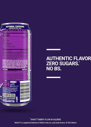 GHOST Energy Drink, Zero Sugars, 12-Pack, Welch's Grape, 16oz | Energy & Focus Pre Workout Drink, No Artificial Colors, Gluten-Free, Vegan - 200MG Natural Caffeine, L-Carnitine, Taurine