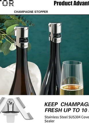 WOTOR Champagne Stoppers Stainless Steel, Prosecco Bottle Stopper with Food Grade Silicone, Reusable Champagne Cork & Saver, Leak proof Keep Fresh (Silver, 2 Pack)