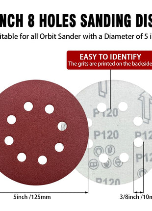 52 Pack 5 Inch 8-Hole Hook and Loop Sanding Discs Sandpaper Red Round 60 80 120 220 320 Mixed Grits Sandpaper for Random Orbital Sander