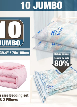 HIBAG Vacuum Storage Seal Bags, 10 Jumbo Space Saver Vacuum Sealer Bags for Clothes, Comforters, Blankets, Bedding (10J)