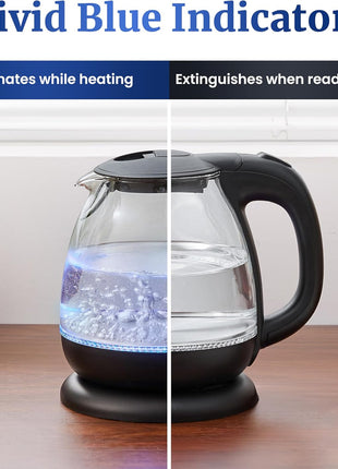Elite Gourmet EKT1001 1.0L Glass Kettle, 1100W, Cordless Base, Black | BPA-Free Glass, Blue LED Interior, 360° Base, Auto Shut-Off Function, Quickly Boil Water for Tea & More