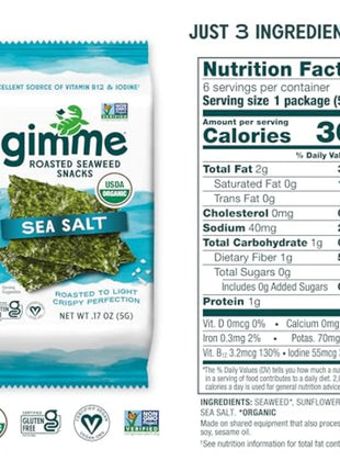 Gimme 6 CT Sea Salt Organic Roasted Seaweed Snacks, 5g, 0.17oz