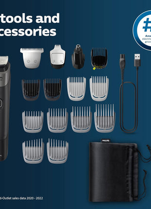 Philips Norelco Multigroom 5000 Series, All-in-One Trimmer and Hair Clipper, 18-Piece Men's Grooming Kit for Beard, Face, Hair, Body and Intimate Areas, No Blade Oil Needed, Model MG5910/49