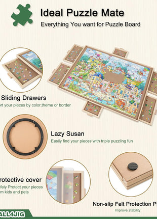 ALL4JIG 1500 Pieces Rotating Puzzle Board with 6 Drawers and Cover,24.92"x33.58"Portable Wooden Jigsaw Puzzle Table for Adults,Lazy Susan Spinning Puzzle Boards Gift for mom,Surface for Lego Building