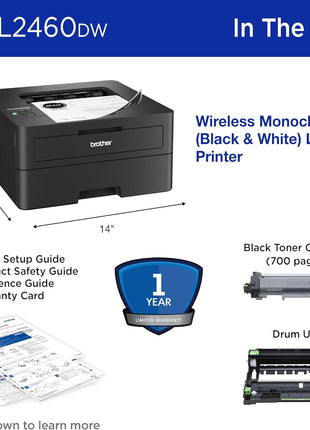 Brother HL-L2460DW Wireless Compact Monochrome Laser Printer with Duplex, Mobile Printing, Black & White Output | Includes Refresh Subscription Trial(1), Works with Alexa | Mobile printing