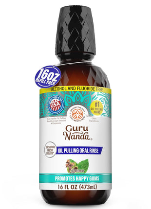 GuruNanda CocoMint Oil Pulling Mouthwash for Complete Oral Hygiene, 7 Essential Oils & Vitamins for Happy Teeth & Gums & Fresh Breath, Alcohol-Free, 16 oz