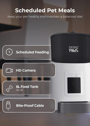 Penthouse Paws Smart HD Pet Feeder, 6L Dry Food Capacity, 1080p Camera, 2-Way Audio, Scheduled Meals, Backup Power, Easy to Clean, Anti-Jam Design for Cat & Dog, White/Stainless Steel