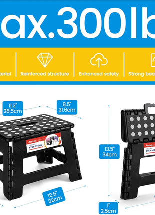 Folding Step Stool 9 Inch, Non-Slip Foldable Stools for Kids, Black | Heavy Duty Collapsible Foot Stool, Lightweight, Holds 300 lb for Toddler/Adults Kitchen Bathroom Bedroom Outdoor, with Handle