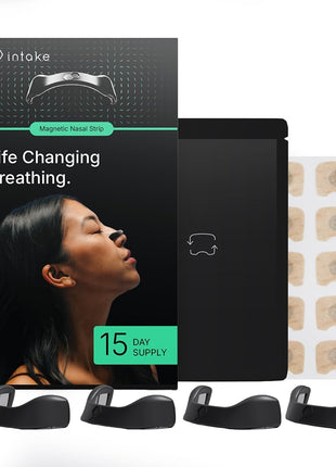 Intake Breathing Nasal Strip Starter Kit (15 Count, Black)   Boost Oxygen Intake, Reduce Snoring, Improve Sleep Quality   Sweat Resistant, Skin Safe Nasal Strips   Extra Strength Snoring Solution
