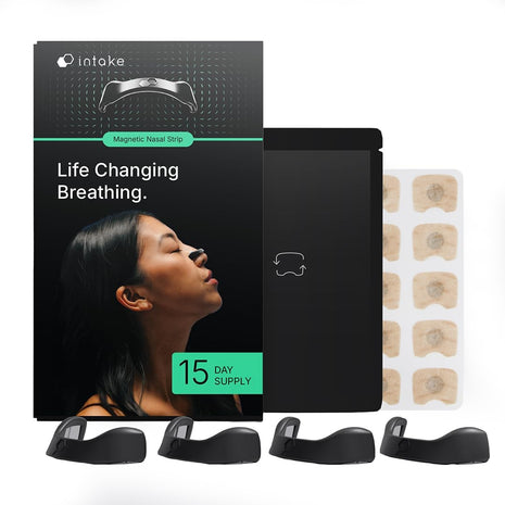 Intake Breathing Nasal Strip Starter Kit (15 Count, Black)   Boost Oxygen Intake, Reduce Snoring, Improve Sleep Quality   Sweat Resistant, Skin Safe Nasal Strips   Extra Strength Snoring Solution