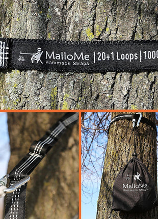 MalloMe XL Hammock Straps for Trees - Hammock Tree Straps Set 2000+ LBS Heavy Duty 40 Loops & 100% No Stretch Suspension System Kit - Camping Hammocks Accessories | 2 Carabiners | 12 Feet Black