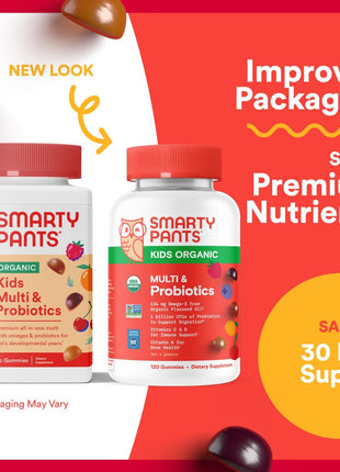 SmartyPants Organic Kids Multivitamin Gummies: Probiotics, Omega 3 (ALA), Vitamin D3, C, Vitamin B12, B6, A, K & Zinc for Immune Support, Biotin, Three Fruit Flavors, 120 Count (30 Day Supply)