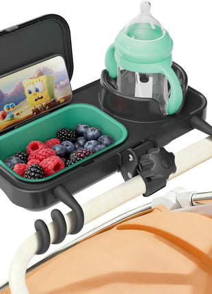 Universal Stroller Snack Tray, Cup Holder & Removable Silicone Tray | Stable Dual-Lock, No-Slip Silicone Arms, Dishwasher Safe, Fits Uppababy/Nuna/Mockingbird, Secure Grip for 0.4"-1.5" Bars