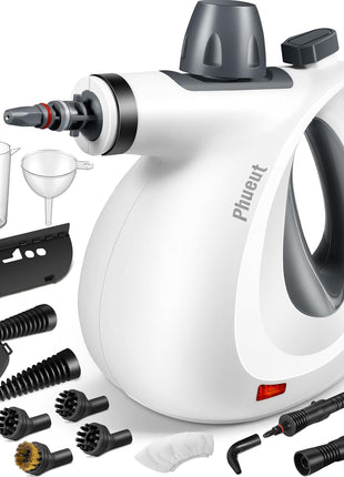 Phueut Pressurized Handheld Multi-Surface Natural Steam Cleaner with 12 pcs Accessories, Multi-Purpose Steamer for Home Use, Steamer for Cleaning Floor, Upholstery, Grout and Car (Grey)