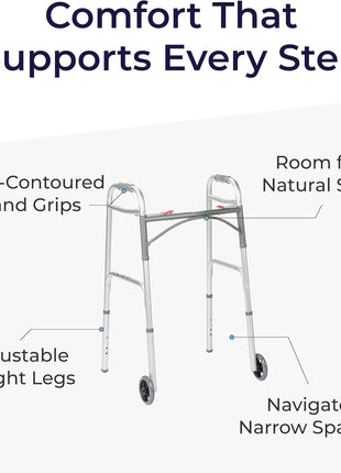 Drive Medical Two-Button Folding Walker with Wheels, Height Adjustable | Two-Button Rolling Walker Features Dual Push-Button Operation, Adjustable Height and Durable Aluminum Frame