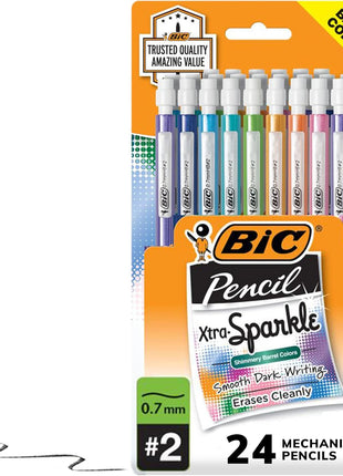 BIC Xtra-Sparkle Number 2 Mechanical Pencils, 24-Count Pack, 0.7mm Point | Colorful Sparkle Barrels, Multicolor Design, Ideal for School Supplies, Smudge-Resistant Lead, Medium Point, Erasers