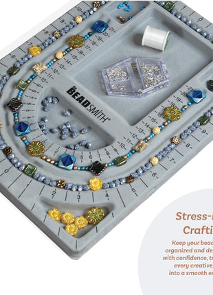 The Beadsmith Bead Board with Cover, Grey Flocked | 3 U-Shaped Channels, 6 Recessed Compartments,13.25 x 9.75 inches, Design Boards for Creating Bracelets, Necklaces and More