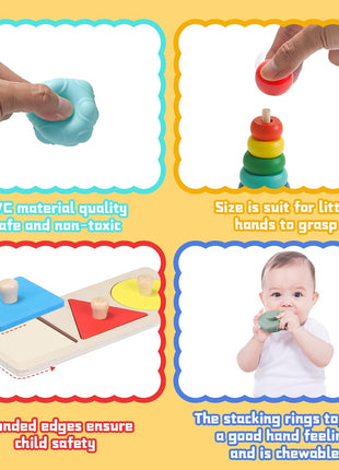 Montessori Toys for Babies 6-12 Months,1 Year Old,8 in 1 Learning Educational Set Wooden Sensory Toys for Baby Toys 12-18 Months (Includes Tissue Box Toy,Rainmaker and More)