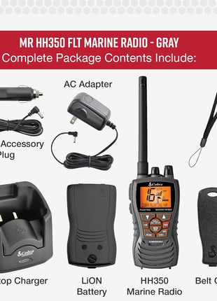 Cobra MR HH350 FLT Handheld Floating VHF Marine Radio - 6 Watt, Submersible, Noise Cancelling Mic, Backlit LCD Display, NOAA Weather, and Memory Scan, Grey