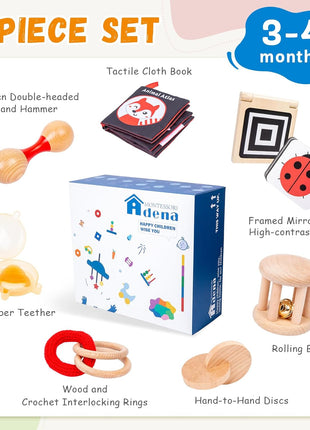 Adena Montessori Play Kit for 3-4 Months Baby,8 in 1 Wooden Learning Educational Toys for Toddler,Include Framed Mirror Book,High-Contrast Cards and More,Christmas Birthday Gift for Boys Girls