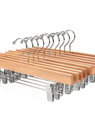 Nature Smile Solid Lotus Wood Deluxe Wooden Pants Hangers Bottom Hanger Jeans Hanger Skirt Hanger with 2-Adjustable Clips Anti-Rust Hook Pack of 10 (Natural)