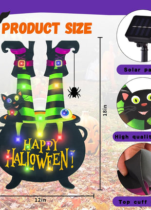 Halloween Lighted Garden Flag for Outside, Led Solar Yard Flag 8 Modes Witch Feet Shape Flag, 12x18 Double Sided Cauldron Eyeball Black Cat Decorations for Home Porch
