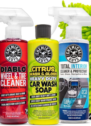 Chemical Guys Car Cleaning Kit - With Car Wash Soap, Wheel Cleaner, Total Interior, Car Wash Mitt - Interior and Exterior Wash Kit With Vehicle Cleaning and Detailing Accessories - 7 Item Kit