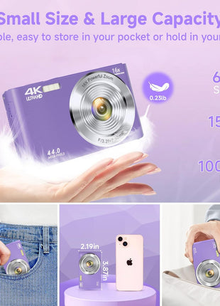 Digital Camera, FHD 4K Digital Camera for Kids Purple with 64GB SD Card 16X Digital Zoom, Cameras for Photography Compact Point and Shoot Camera for Teen Boys Girls Kids Autofocus Camera Digital