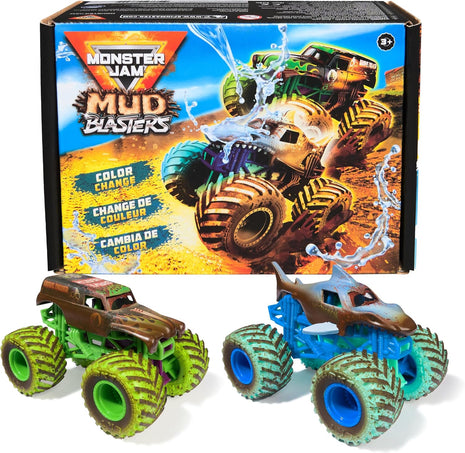 Monster Jam Mud Blasters Grave Digger & Megalodon 2-Pack | Includes 2 Color Change Trucks, Dunk in Water to Reveal Clean Trucks, Exciting Pretend Play, Toys for Ages 3 and Up