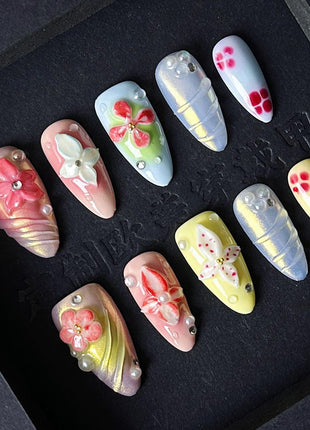 Handmade Medium Almond Nails Thick Press on Nails Aurora Colourful Fake Nails with 3D Tropical Flower Art Design Reusable Acrylic False Nails, Nature Stick on Nail for Wome (Size S)
