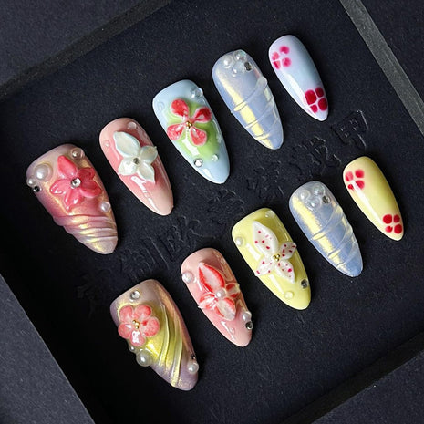 Handmade Medium Almond Nails Thick Press on Nails Aurora Colourful Fake Nails with 3D Tropical Flower Art Design Reusable Acrylic False Nails, Nature Stick on Nail for Wome (Size S)