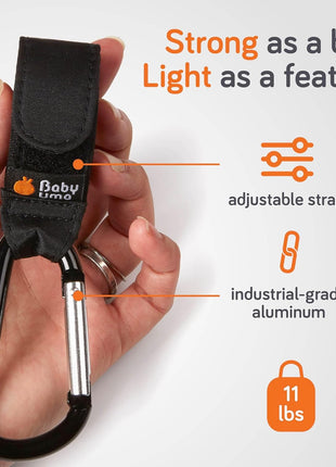 Baby Uma Stroller Hooks for Bags (2 Pack) - Non-Slip, One-Hand Use, 11 lb | These universal stroller clips open one-handed, resist slipping, and each carabiner hook holds 11 lbs—a travel essential.