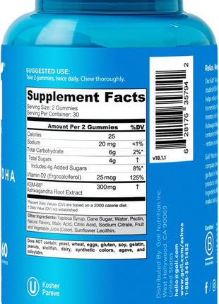 Goli Ashwagandha & Vitamin D Gummy   60 Count   Mixed Berry, KSM 66, Vegan, Plant Based, Non GMO, Gluten Free & Gelatin Free Relax. Restore. Unwind, Pack of 1