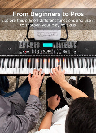 Best Choice Products 61 Key Beginners Complete Electronic Keyboard Piano Set w/Lighted Keys, LCD Screen, Headphones, Stand, Bench, Teaching Modes, Note Stickers, Built In Speakers   Black